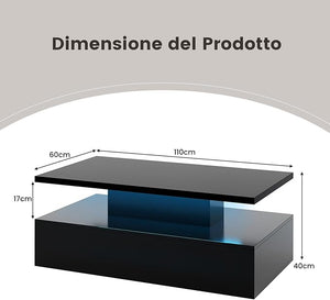 Tavolino da Caffè a LED a 2 Livelli con Colori della Luce Regolabili Velocità e Luminosità e Telecomando, Tavolo da Salotto Rettangolare e Moderno per Soggiorno e Ufficio (Nero)