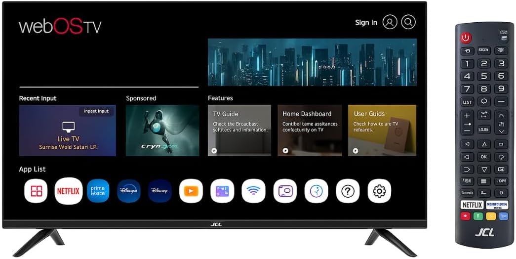 JCL Smart TV 32 Pollici HD Ready (720p), Sistema webOS TV 8.1, WiFi/Ethernet, Netflix & YouTube, Triplo HDMI, DVB-T/T2/C/S/S2, Attacco VESA