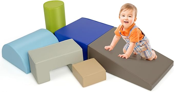Set di 6 Blocchi per Bambini con Diverse Forme e Colori, Centro attività Palestrina Giocattolo per Arrampicata e Strisciamento (Grigio Chiaro)