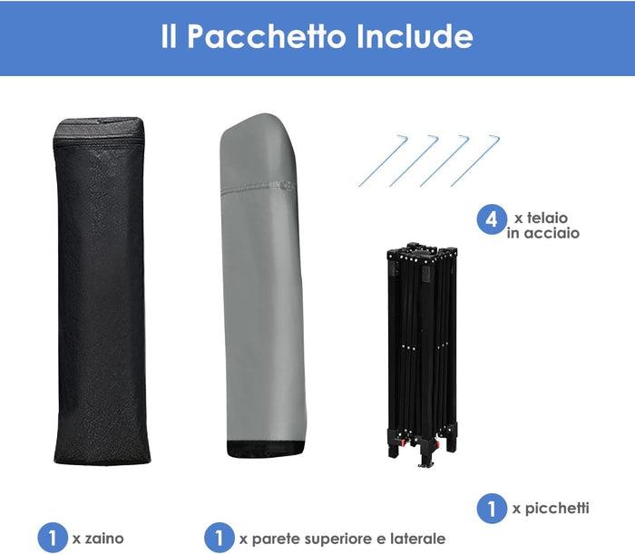 Gazebo Pieghevole da Giardino 210 x 210CM, Struttura in Acciaio, Altezza Regolabile, Gazebo da Esterno con Borsa, Ideale per Feste, Barbecue, Giardino e Spiaggia (grigio)