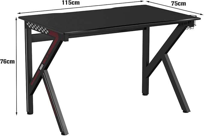Scrivania da Gaming a Forma di K, Tavolo da Gioco 115 cm, Tavolo per Computer con Porta Bicchiere e Gancio, Scrivania Computer con Struttura in Acciaio, per Casa o Ufficio