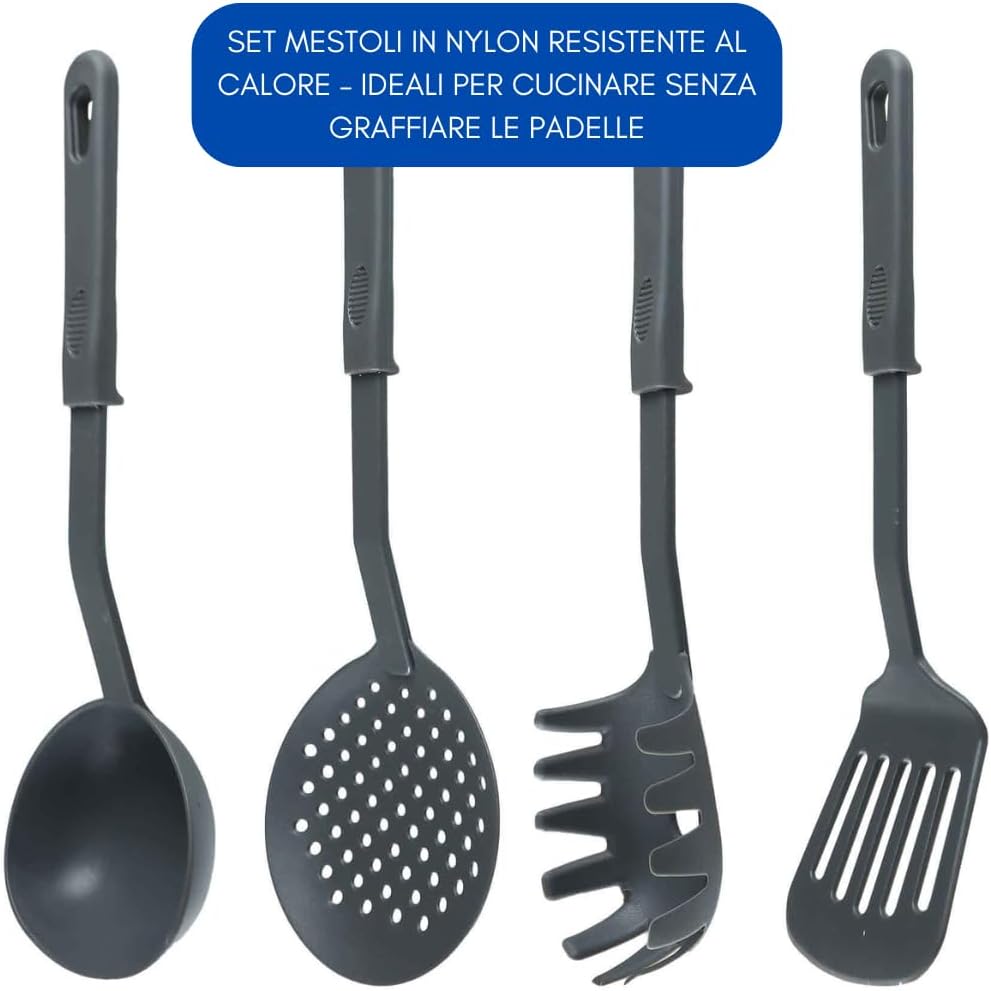 Set di Padelle con Coperchi 12 Pezzi, Induzione Manico Resistente al Calore, Granito e Marmo, Padelle Antiaderente, 20/24/28/32 cm + 4 Mestoli Inclusi.