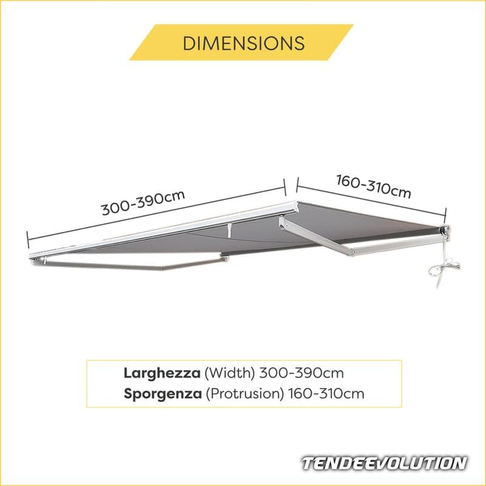 Tenda da Sole a Bracci Estensibili Tempotest Para', col. Nero 24, Largh. 3,6m x Sporgenza 2.60m con Mantovana Ondulata - Arganello Destro