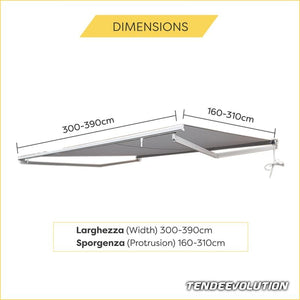 Tenda da Sole a Bracci Estensibili Tempotest Para', col. Avorio 93, Largh. 3,9m x Sporgenza 2.85m con Mantovana Ondulata - Arganello Destro
