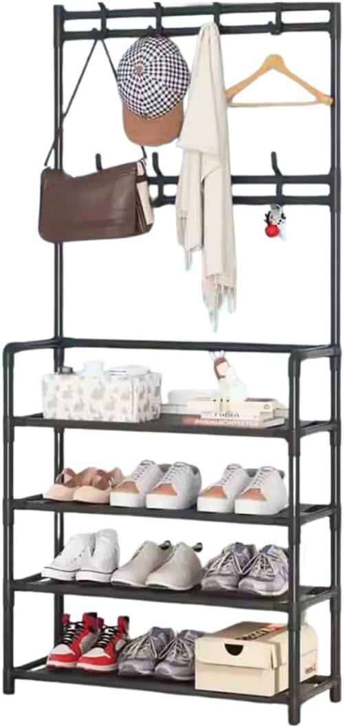 Appendiabiti Ingresso con Scarpiera a 4 Ripiani, Attaccapanni Salva Spazio Porta Abiti Autoportante H150 cm, Stile Vintage Nero per Salotto e Corridoio.