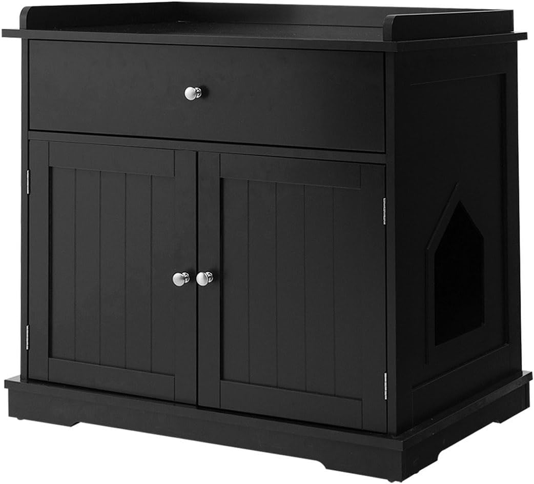 Mobile per Lettiera Gatti in Legno, con Portaoggetti, 2 Ante, Cassetto e Ingresso Laterale, Mobiletto Multiuso per Ingresso e Soggiorno, 76 x 53 x 74 cm, Carico Massimo 30 kg (nero)