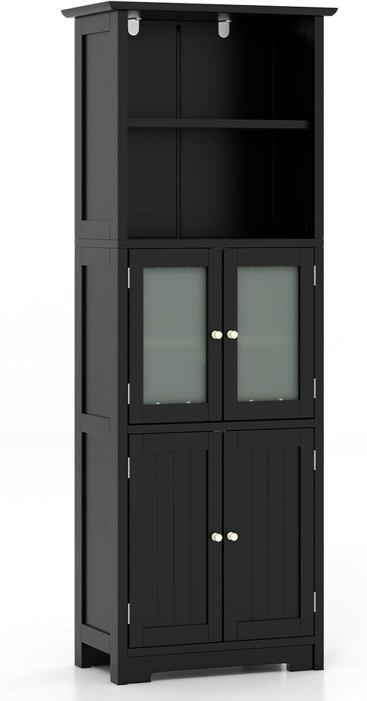 Armadio da Bagno, Mobiletto Alto da Terra con 2 Armadietti e Ripiani Regolabili, con Ante in Vetro, Mobile Portaoggetti Multiusi per Bagno e Soggiorno, 60x30x163 cm (Nero)