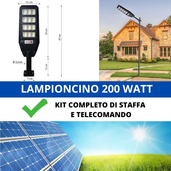 4 Pezzi Lampione Solare a Led esterno 200 W, Lampione led solare con Palo e Telecomando