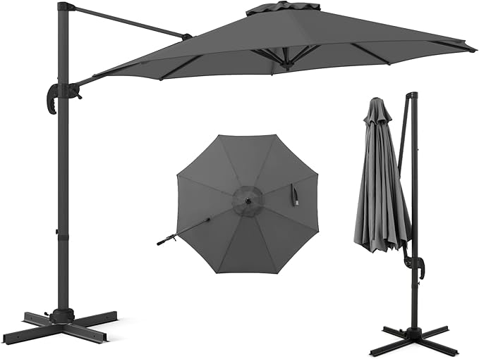 Ombrellone da Esterno 294 cm, Ombrellone con Rotazione a 360°, 5 Angoli di Inclinazione Regolabili, Base a Forma di Croce, 8 Stecche, Ombrellone per Giardino, Piscina, Cortile