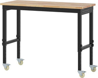 Banco da Lavoro Regolabile in Altezza 74-104 cm, Tavolo da Lavoro in Legno di Gomma, con Ruote Bloccabili, 2 Pannelli Laterali Forati, Stazione di Lavoro per Officina, Garage, Capacità 1100 kg