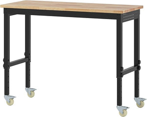 Banco da Lavoro Regolabile in Altezza 74-104 cm, Tavolo da Lavoro in Legno di Gomma, con Ruote Bloccabili, 2 Pannelli Laterali Forati, Stazione di Lavoro per Officina, Garage, Capacità 1100 kg