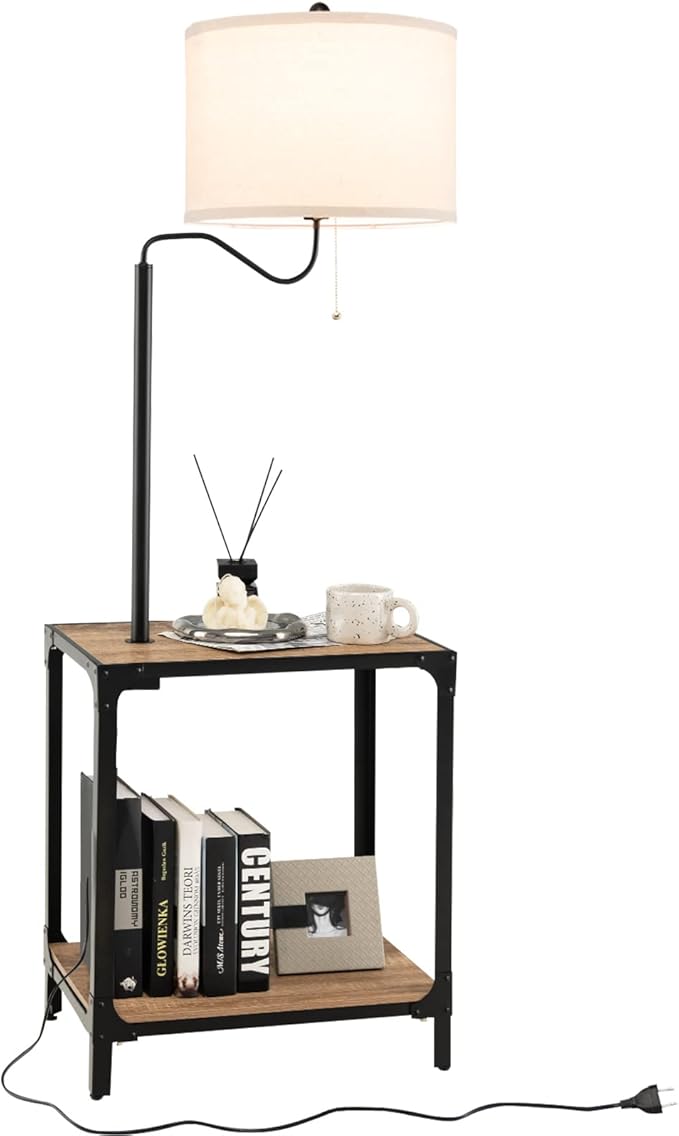 Lampada da Terra in Metallo e Legno, Lampada da Lettura con Tavolino, Mensola e Porta USB, Lampada Ruotabile di 360° per Camera da letto e Salotto