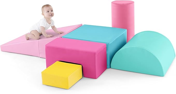 Set di 6 Blocchi per Bambini con Diverse Forme e Colori, Centro Attività Palestrina Giocattolo per Arrampicata e Strisciamento (Rosa scuro)