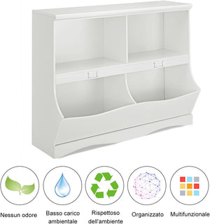 Mobile Porta Giocattoli e Libri in Legno, Libreria per Bambini in Legno con 4 Scomparti, Libreria Multiuso per Bambini da Cameretta, 105 x 39,5 x 83,5 cm, Bianco
