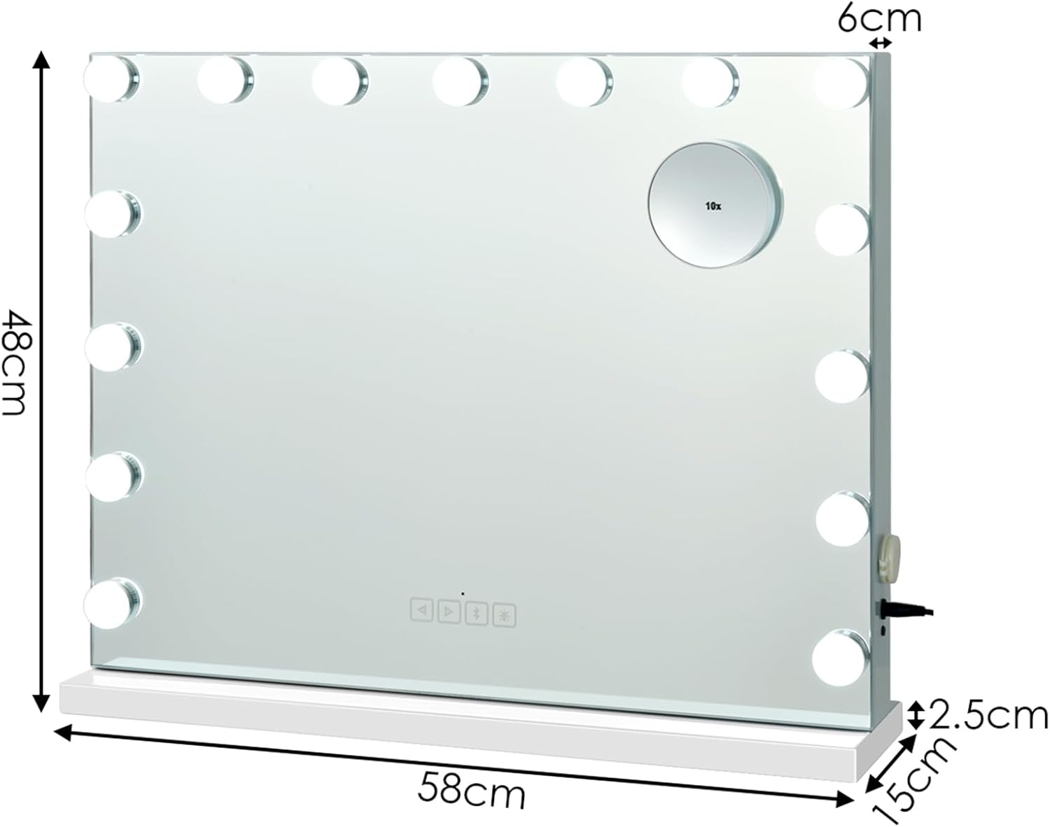 Specchio per Trucco Illuminato con 15 Lampadine Luci LED, Specchio da Toeletta Controllo Touch, per Scrivania Muro, 3 Modalit¨¤ di Colore, con Altoparlante Bluetooth USB, 58x48 cm