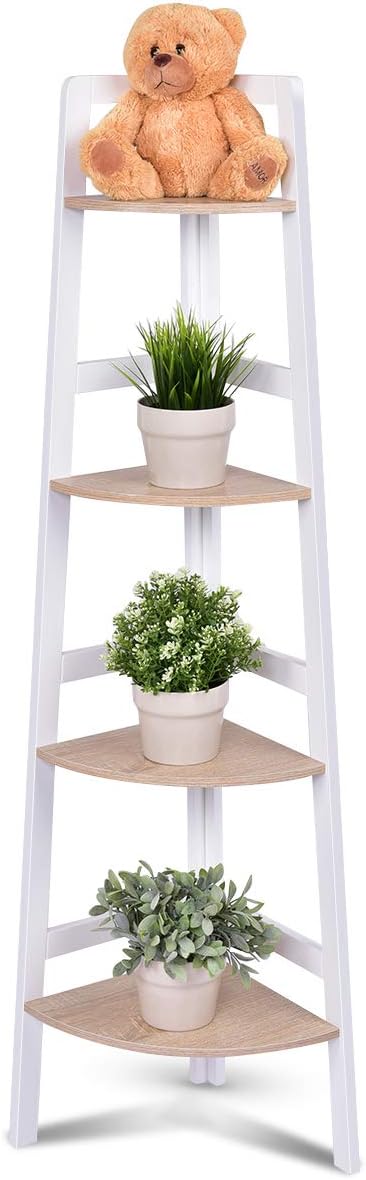 Mobile ad Angolo, Scaffale Angolare a Ripiani in MDF Ecologico per Soggiorno Bagno Studio, Bianco (4 Ripiani)