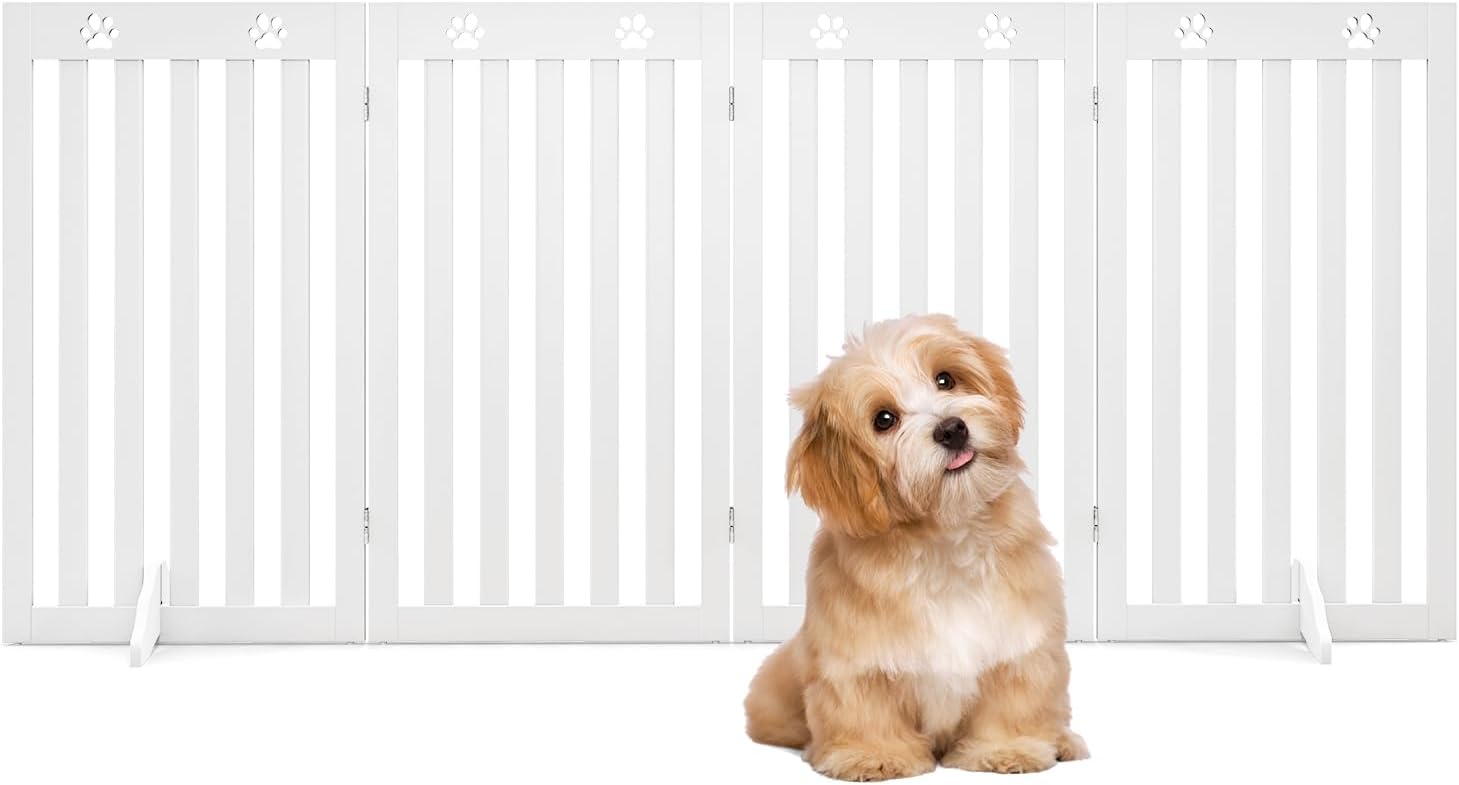 Cancelletto per Cani di Legno Pieghevole, con 3/4 Ante e Cuscinetti Antiscivolo, Ideale per Scale e Porta d'Ingresso, 203 x 89,5 cm (Bianco, 4 Pannelli)