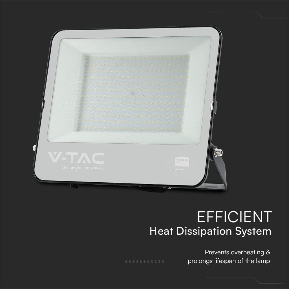 V-tac faro led – alloggiamento nero – samsung – ip65 – vetro nero + grigio – 200 watt – 17540 lumen – 6500 k – 5 anni