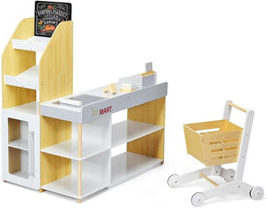 Negozio Giocattolo per Bambini, Bancarella Mercato Giocattolo in Legno, con Carrello della Spesa, Supermercato Giocattolo Scanner, Pos, Carta di Credito e Monete di Legno, 90 x 62 x 111 cm