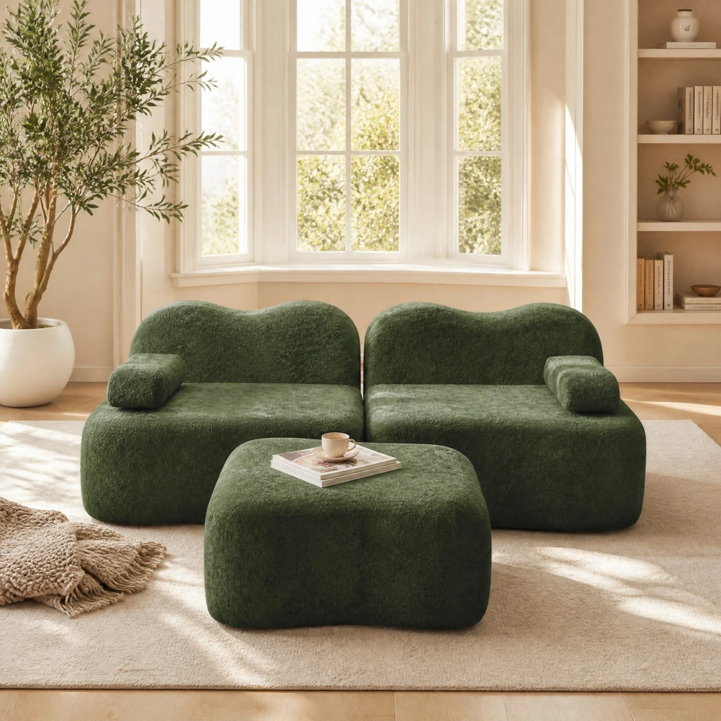 Divano modulare 2 posti con pouf e bracciolo mobile in velluto verde