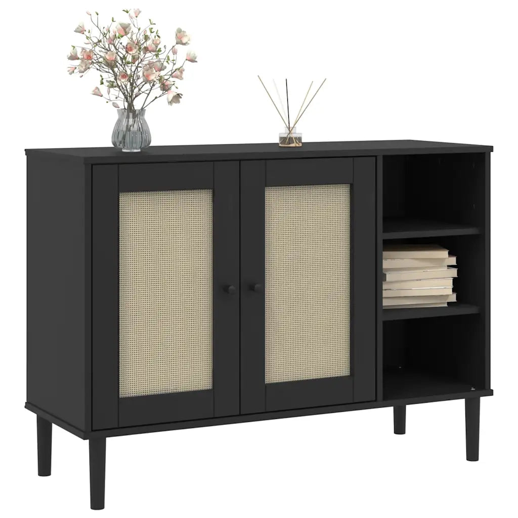 Credenza | Madia | Buffet da pranzo | Armadio da pranzo SENJA Aspetto Rattan Nero 112x40x80 cm Massello Pino