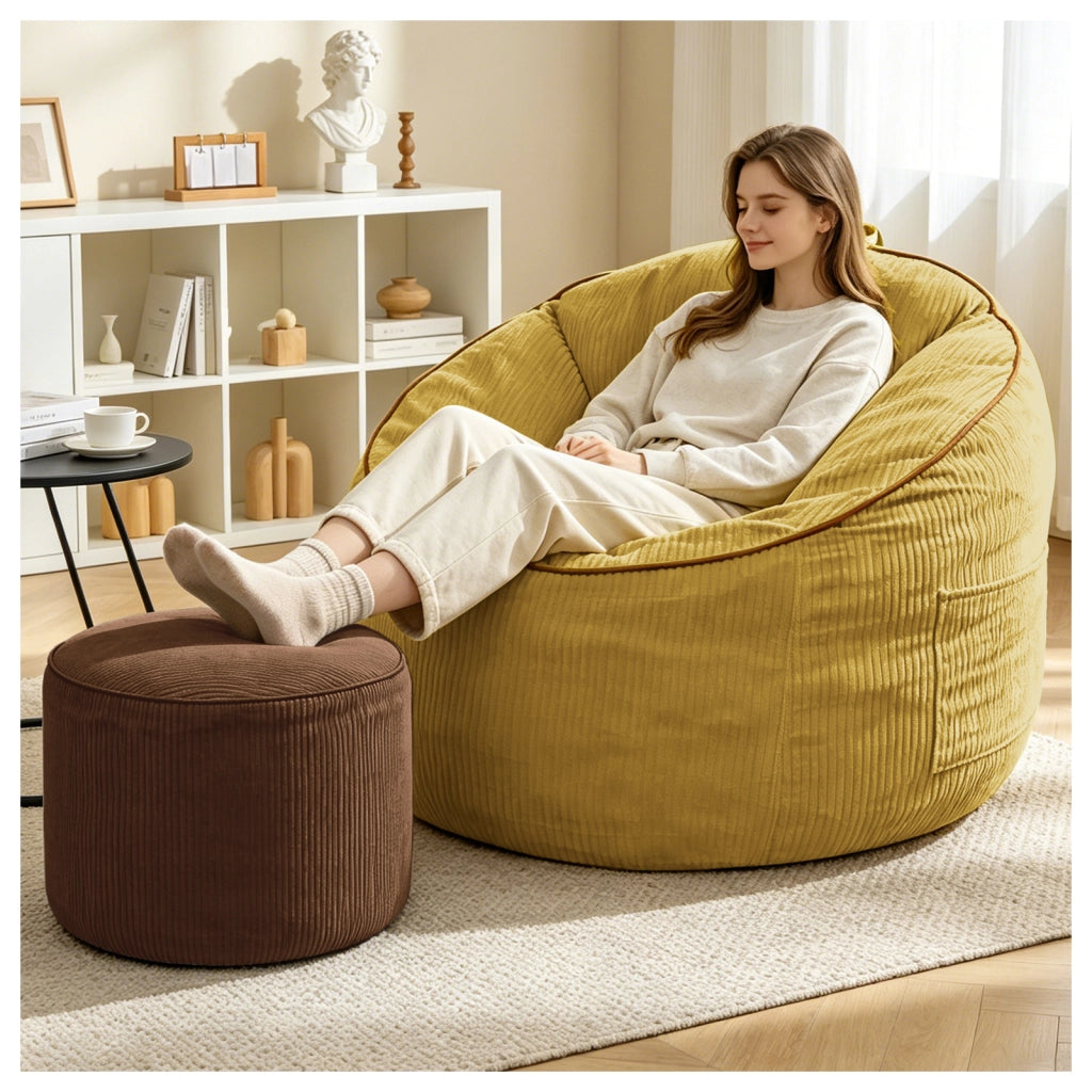Poltrona pouf ergonomica curva con tasca laterale e poggiapiedi cilindrico coordinato