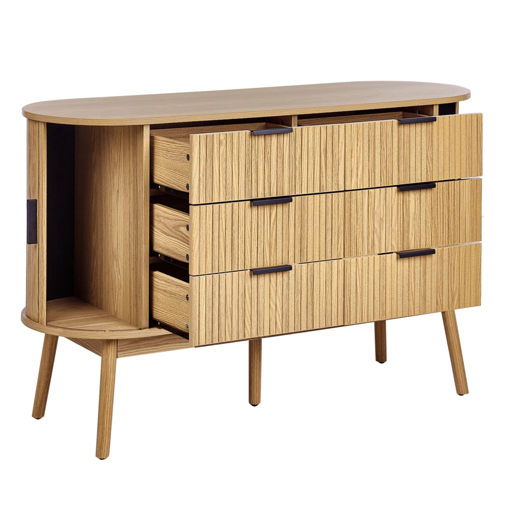 Cassettiera a 6 cassetti in legno chiaro Gambe in legno massiccio MDF 2 ante scorrevoli Mobile Soggiorno