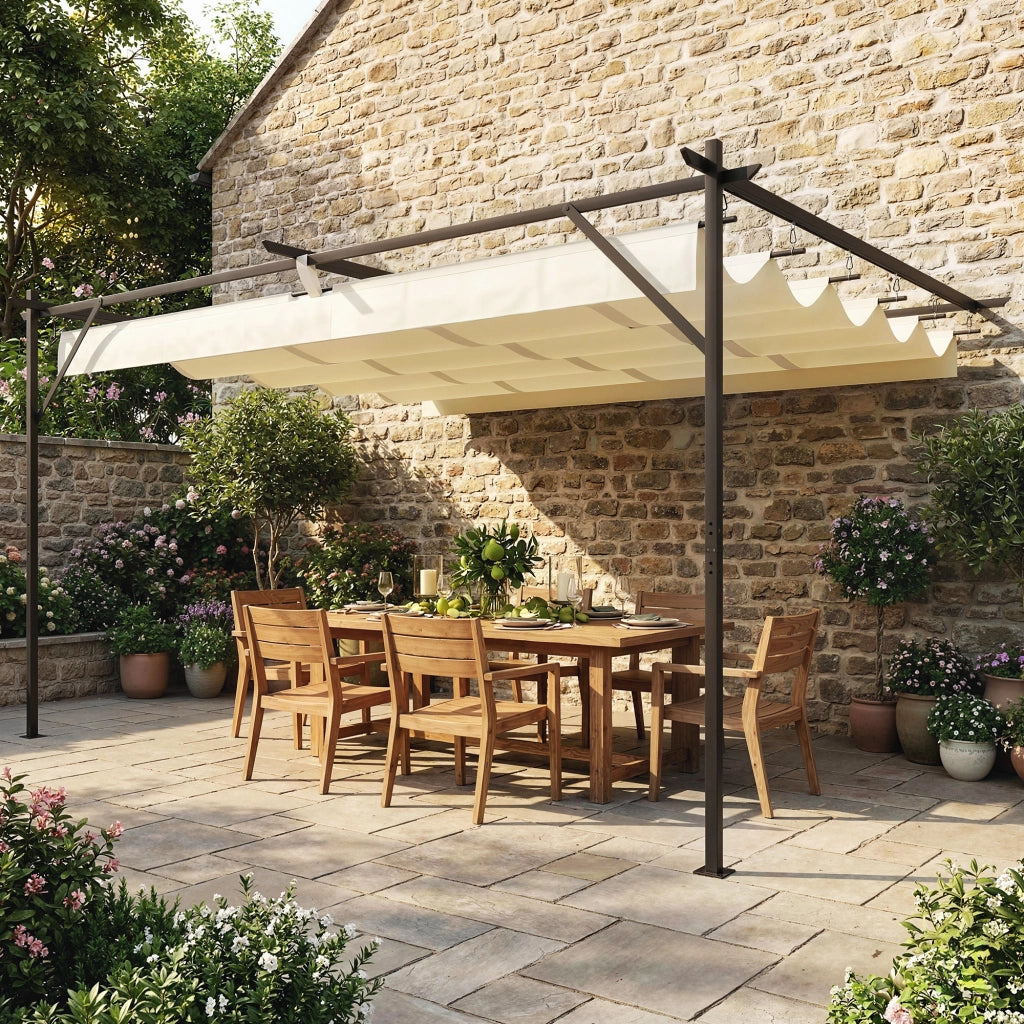 Gazebo Pergola Addossata 3x4 m con Tetto Retrattile Scorrevole e Fori di Drenaggio, Bianco Crema