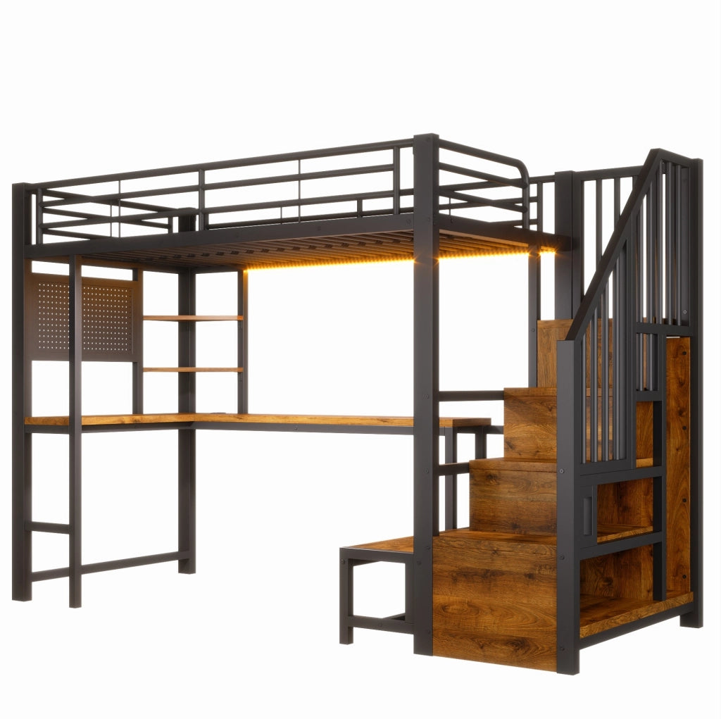 Letto a soppalco 90x200 cm con scrivania; LED; presa USB e USB-C; nero
