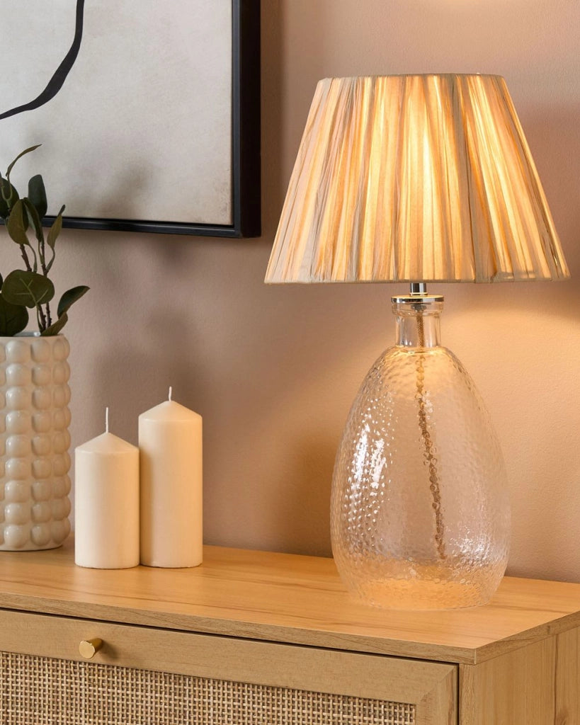 Lampada da tavolo con base in vetro trasparente e paralume naturale Luce da comodino