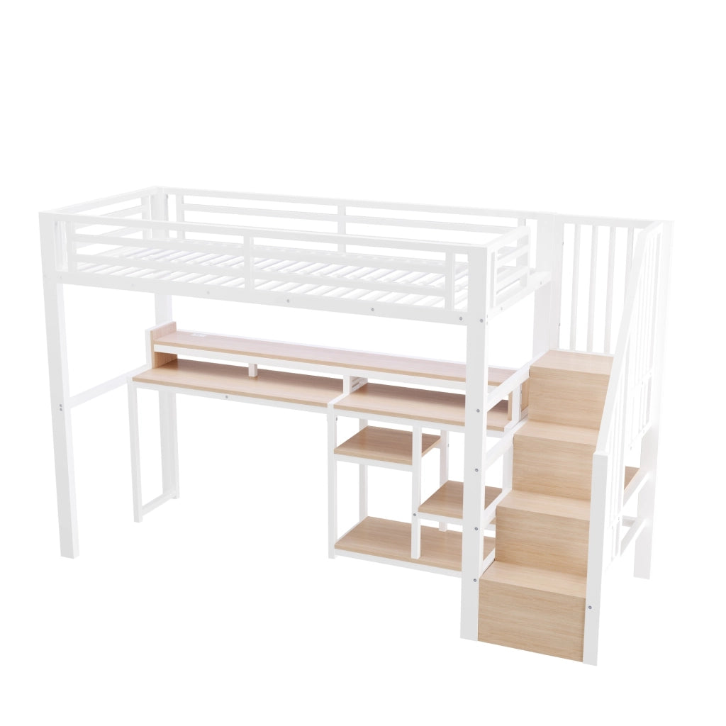 Letto a soppalco 90x200 cm in metallo e MDF con scala; ripiani; LED e USB; bianco