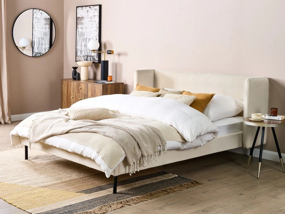 Letto con rete a doghe velluto beige 160 x 200 cm testiera e gambe nere camera da letto soggiorno