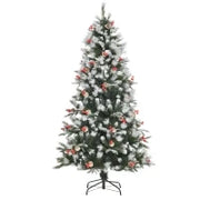 Albero di Natale Innevato 180cm con Bacche Rosse e Pigne Bianche, Base Rimovibile Pieghevole, 678 Rami, Verde