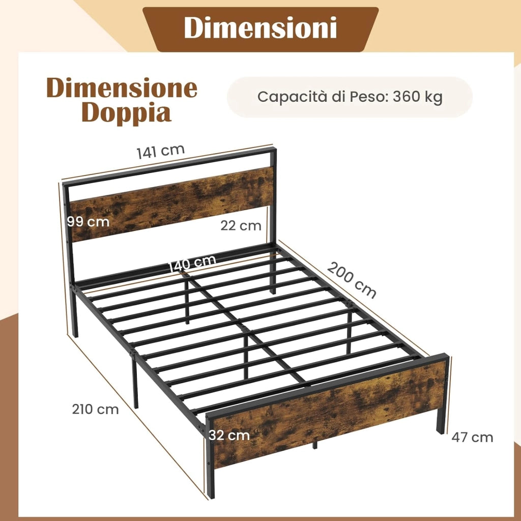 Struttura Letto Matrimoniale 200 x 140 cm, con Pediera e Testiera in Legno Industriale, Telaio da Letto con Doghe in Metallo Robusto, Carico Massimo 360 kg