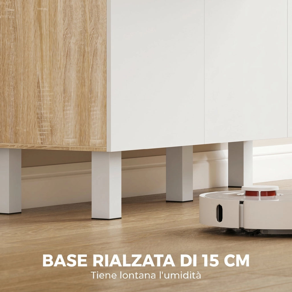 Credenza da Cucina 120x40x175 cm con Ripiani Aperti 4 Armadietti e Cassetto in Legno e Metallo Bianco e Legno