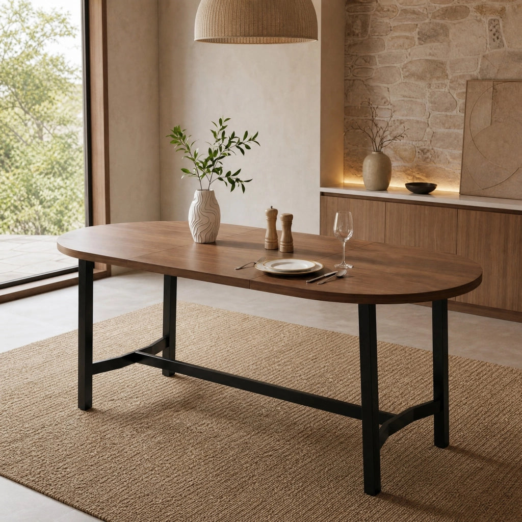 Tavolo da pranzo 180×80 cm in MDF noce con gambe in ferro