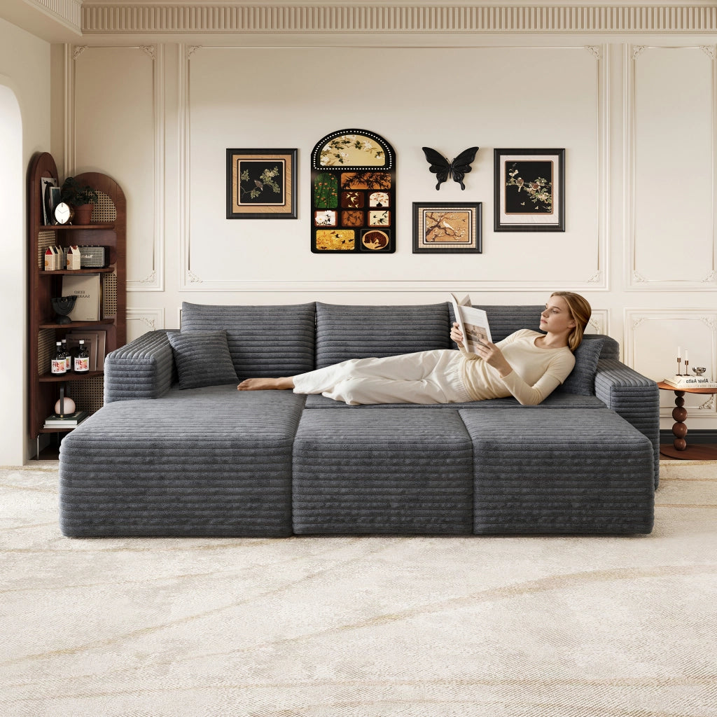 Divano angolare modulare senza montaggio dal design minimale in tessuto a coste morbido per soggiorno grigio scuro