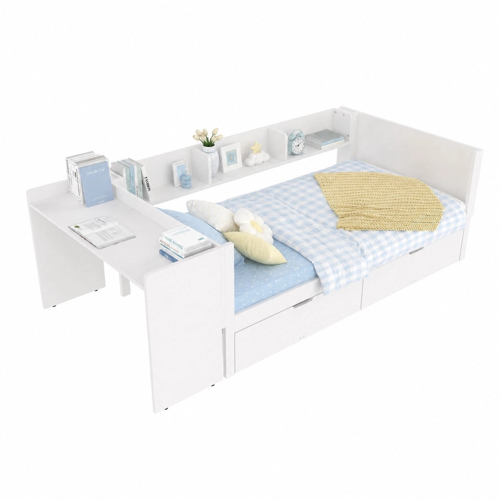 Letto singolo 90x200 cm con scrivania; 2 cassetti e 3 ripiani in legno di pino