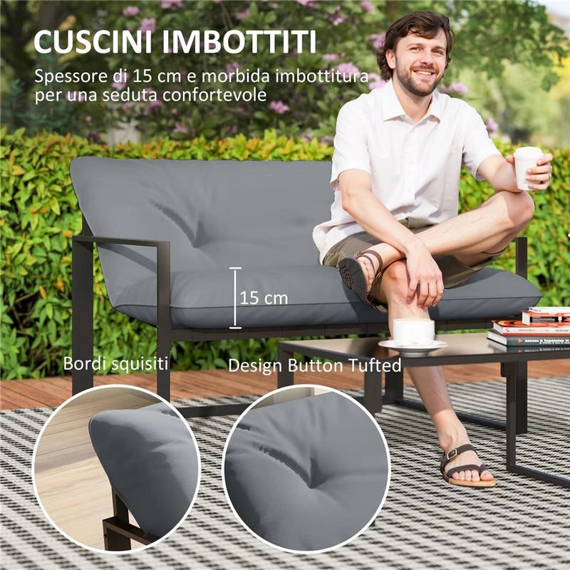 SET DA GIARDINO 4 PEZZI CON DIVANETTO, 2 POLTRONE E TAVOLINO, IN ACCIAIO, POLIESTERE E COTONE PP, NERO E GRIGIO