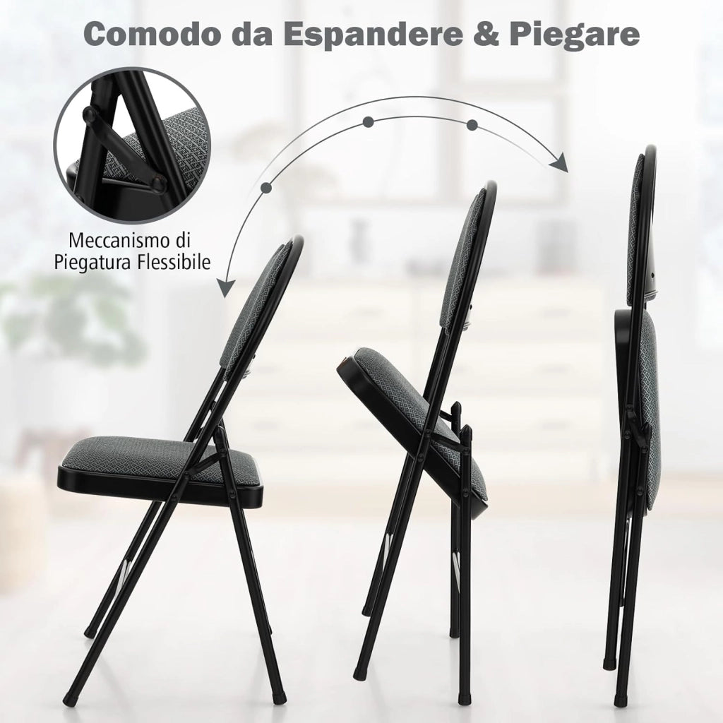 Set di 4 Sedie Pieghevoli, Sedie da Pranzo con Seduta Imbottita e Schienale Rivestito in Tessuto, con Gambe in Metallo, Sedia Portatile per Soggioro, Ufficio, Portata 120 kg (Grigio)