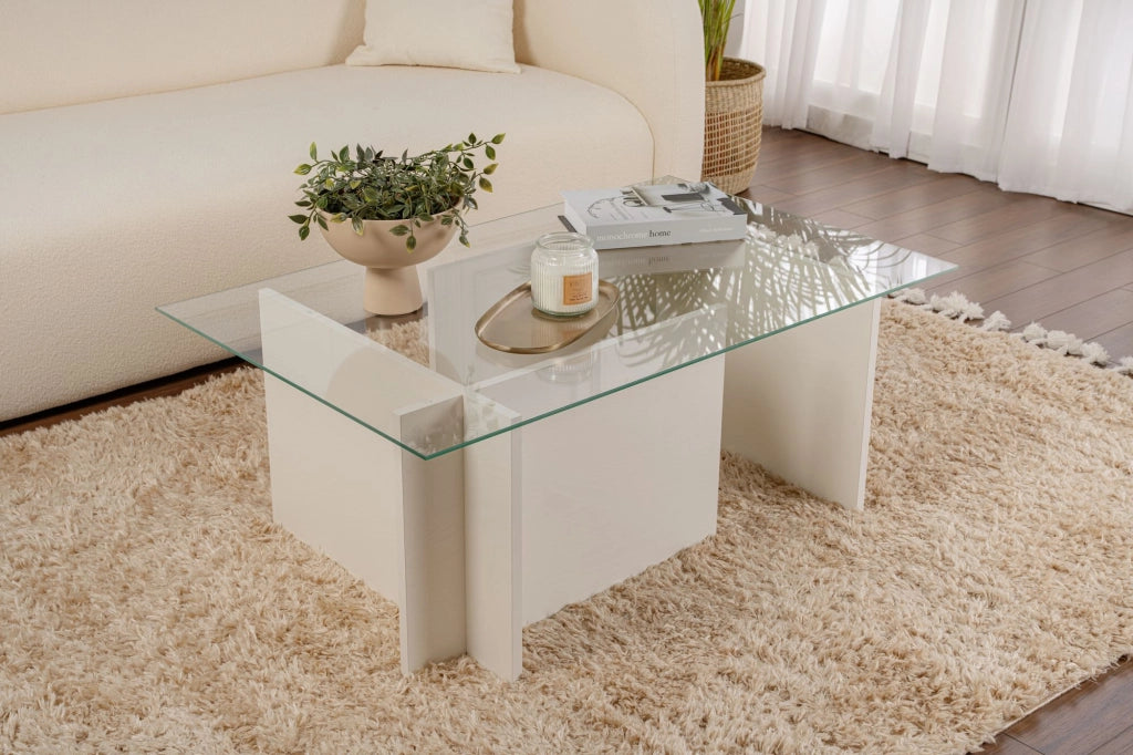 Tavolino in vetro "Vetrino" 105 x 65 x 40 cm - Legno bianco