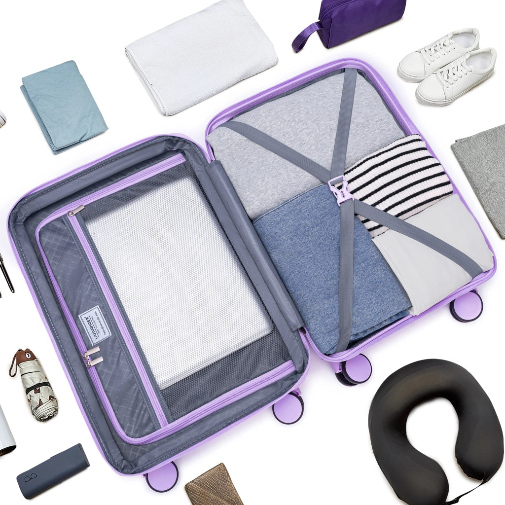 Set di valigie leggere da 3 pezzi, bagaglio a mano espandibile in PP da 20 pollici con ruote, colore lavanda.
