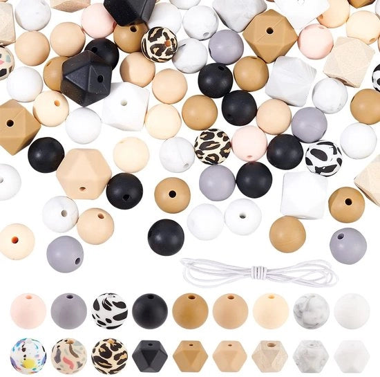 Set di perle in silicone - 112 pezzi - Perle modellate e rotonde - Ideale per artigianato - 5 colori e 4 tipi di confezione