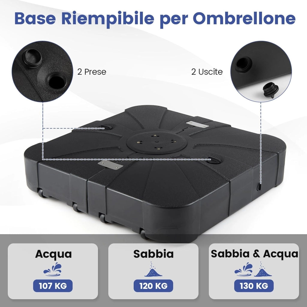 Base per Ombrellone da Esterno, con Braccio a Cantiere da 130/170 kg con Ruote, Supporto per Ombrellone Offset Pesante, Base Quadrata Riempibile con Acqua e Sabbia (130 kg)