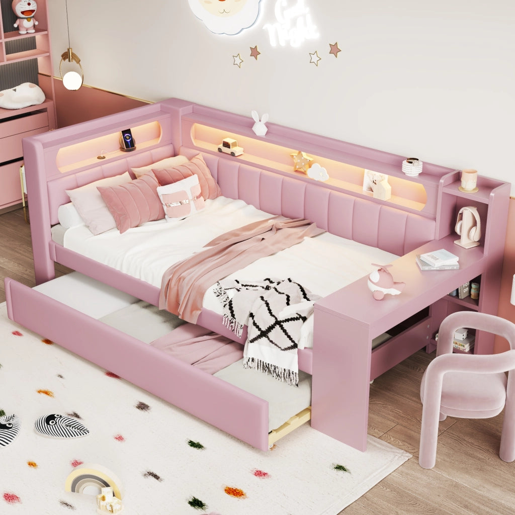LETTO da giorno 90x200 cm Rosa con USB, LED, letto estraibile e scrivania
