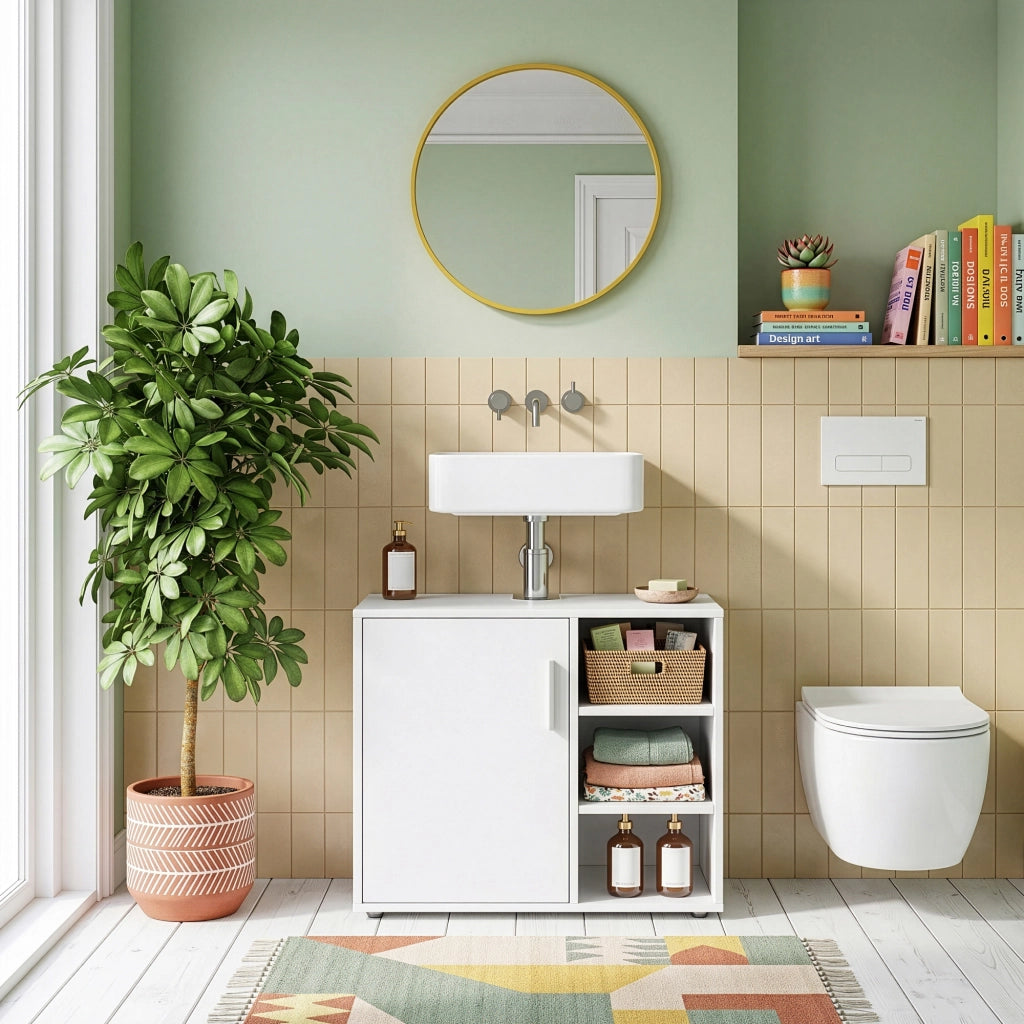 Mobile Sottolavabo Kulaik da Bagno ad Anta e 3 Scomparti Aperti 51 x 60 x 32 cm - Bianco [en.casa]