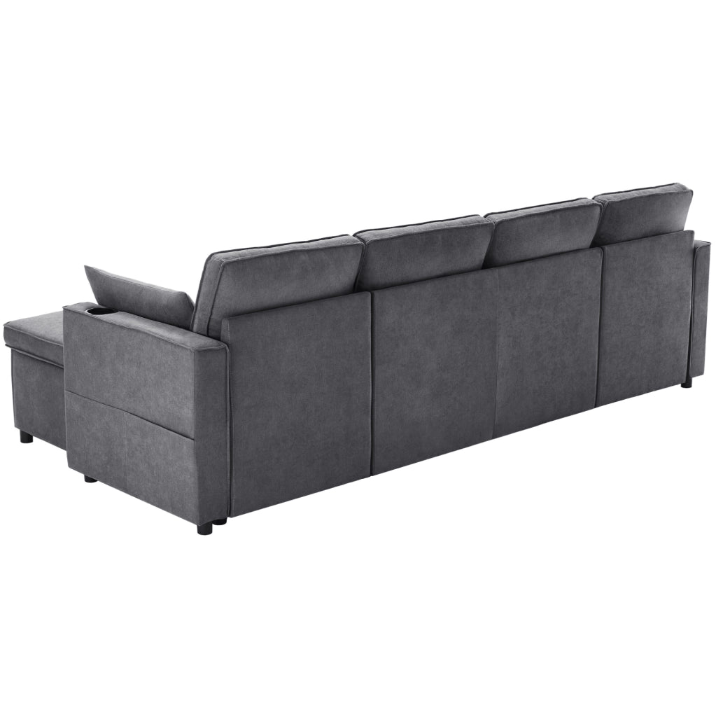 Divano letto a U trasformabile grigio con contenitori, portabevande e cuscini inclusi per riposare
