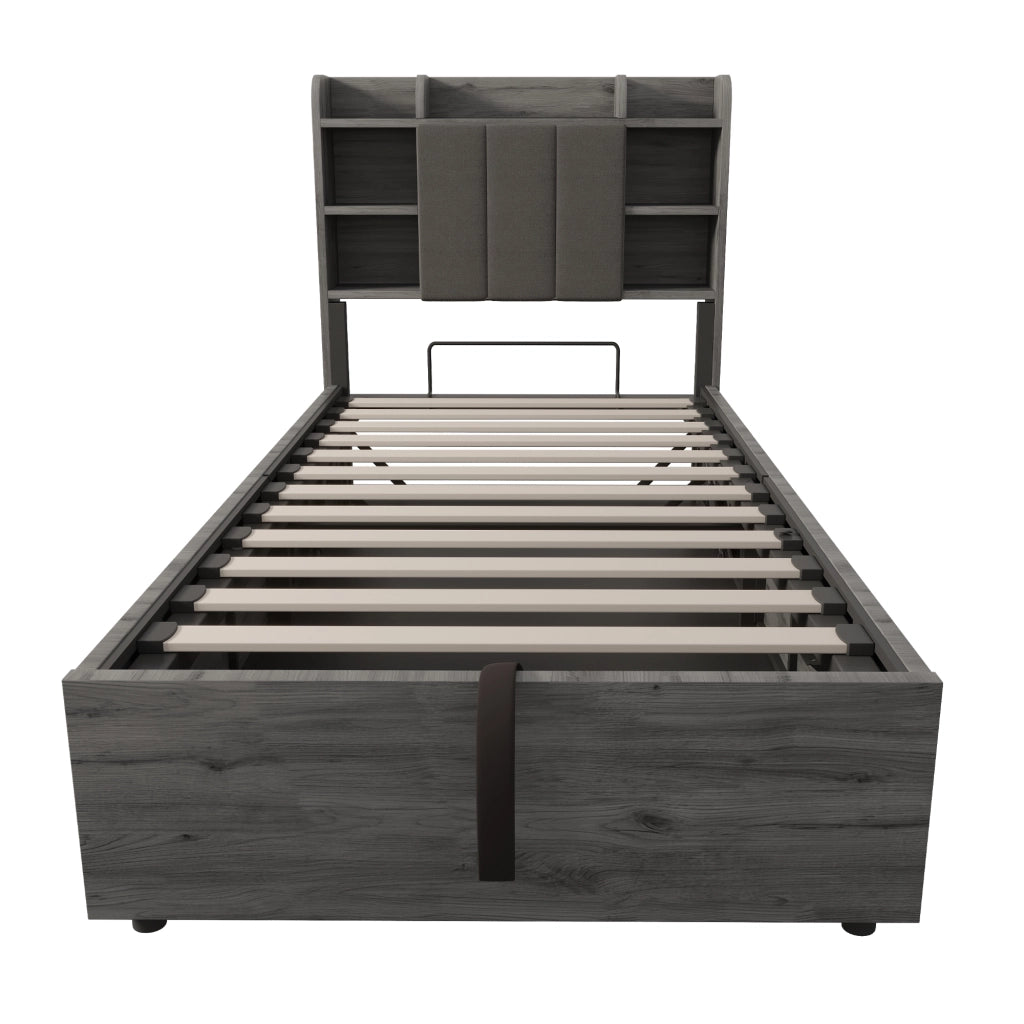 Letto singolo 90×200 cm con contenitore idraulico; USB e Type-C; testiera con ripiani; senza materasso; MDF grigio