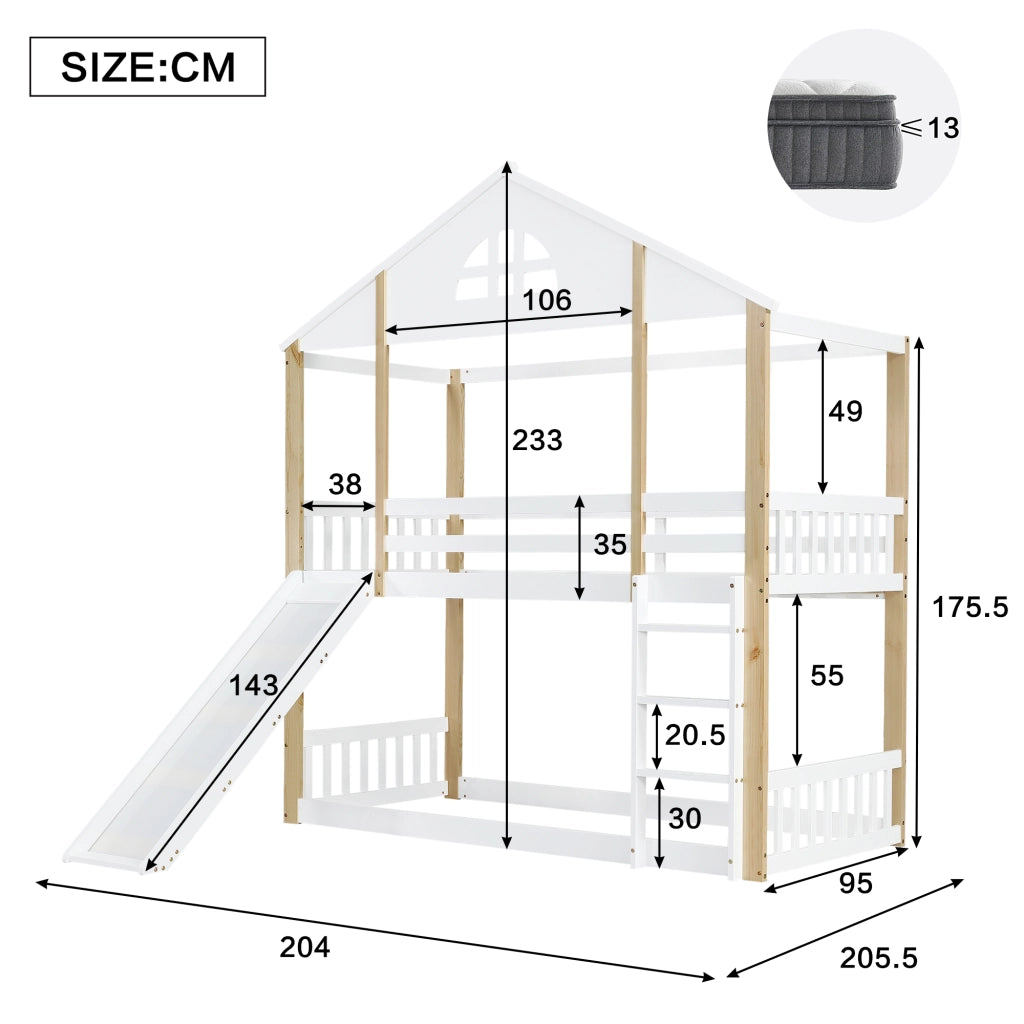 OKWISH Letto a Castello 90×200 cm, Letto Singolo con Scivolo, Scala 3 Gradini e Finestra, senza Materasso, in Legno, Bianco e Naturale
