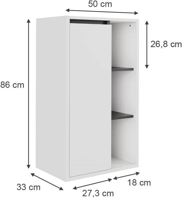 Mobiletto midi Viola, Bianco/Grigio, 50 x 86 cm con ripiani aperti, adatto per montaggio a parete e combinabile con la serie Viola